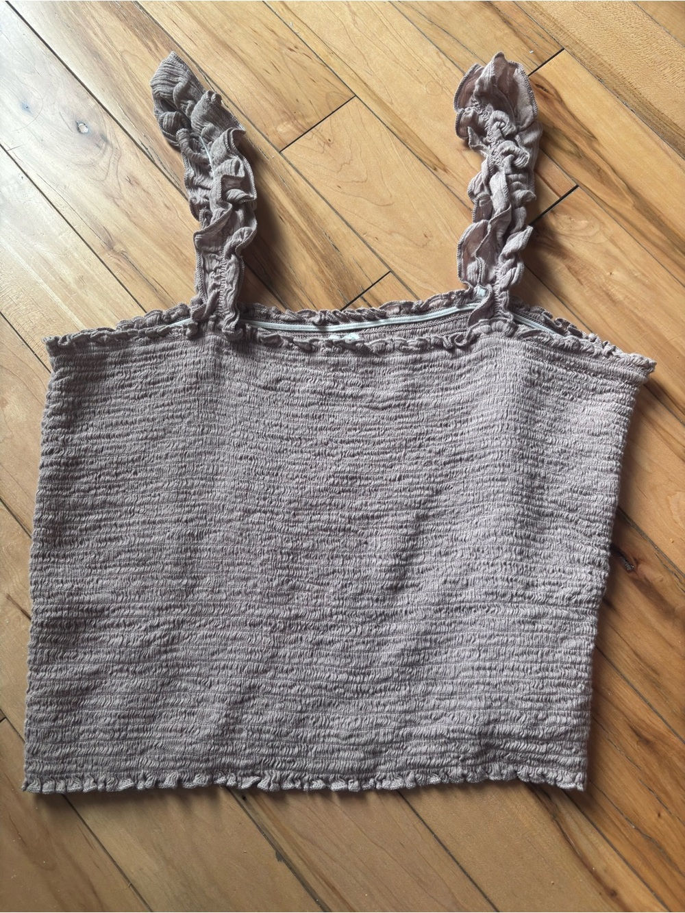 Aeropostale Taupe Smocked Ruffle Strap Crop Tank